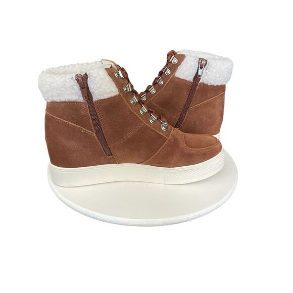 Steve Madden Lakes Wedge Sneaker Faux Fur Sherpa Trim Cognac Suede 8.5M Women's - Picture 8 of 13